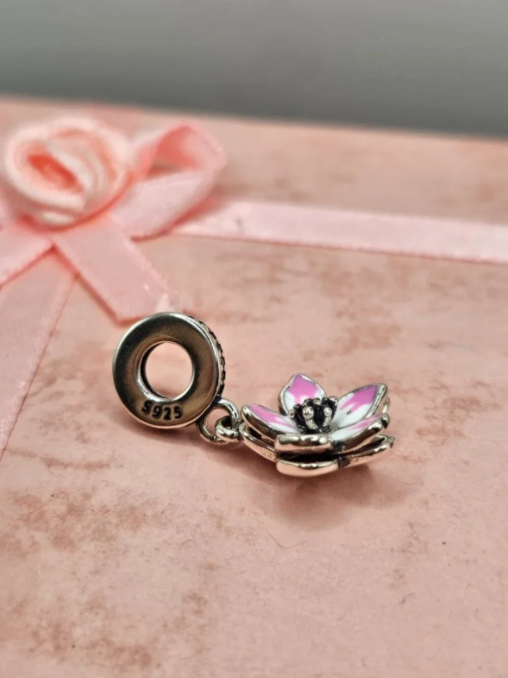 Sterling Silver 925 Rhodium Plated CZ Dangling Cherry Blossom Charm